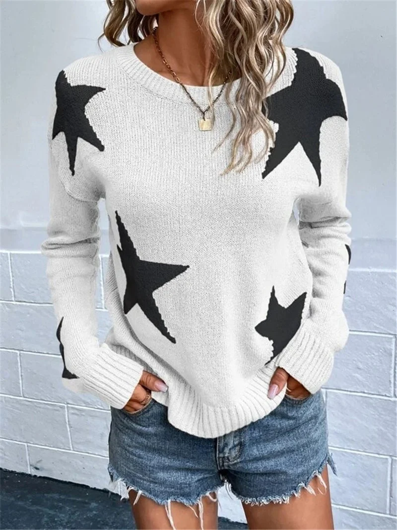 Athvotar Athvotar And Winter Loose Round Collar Star Pattern Knitted Long-Sleeved Sweater