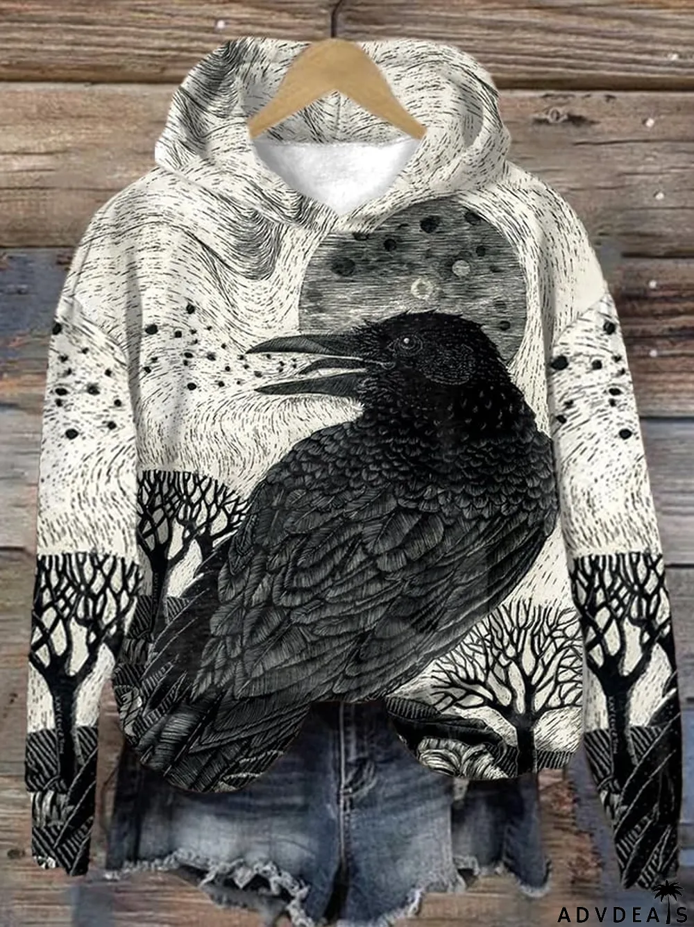 Women's Halloween Raven Pattern Art Print Casual Hoodie