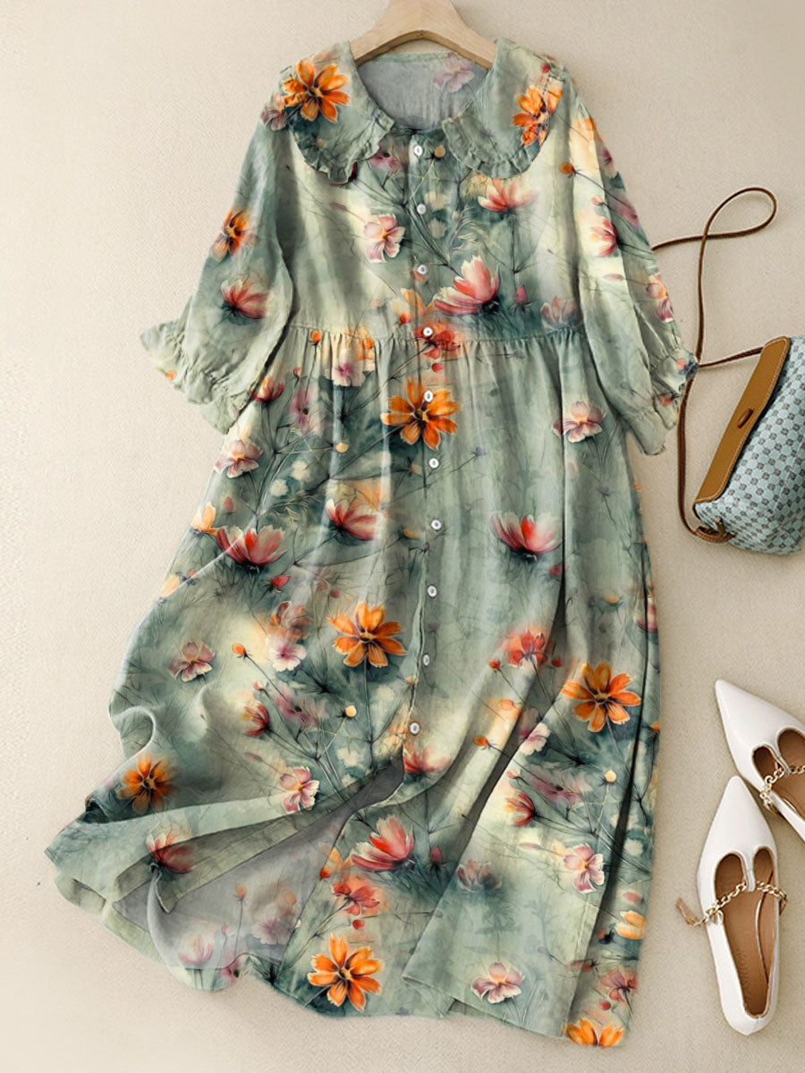 Women‘s Lovely Floral Pattern Art Print Peter Pan Collar Cotton Dress