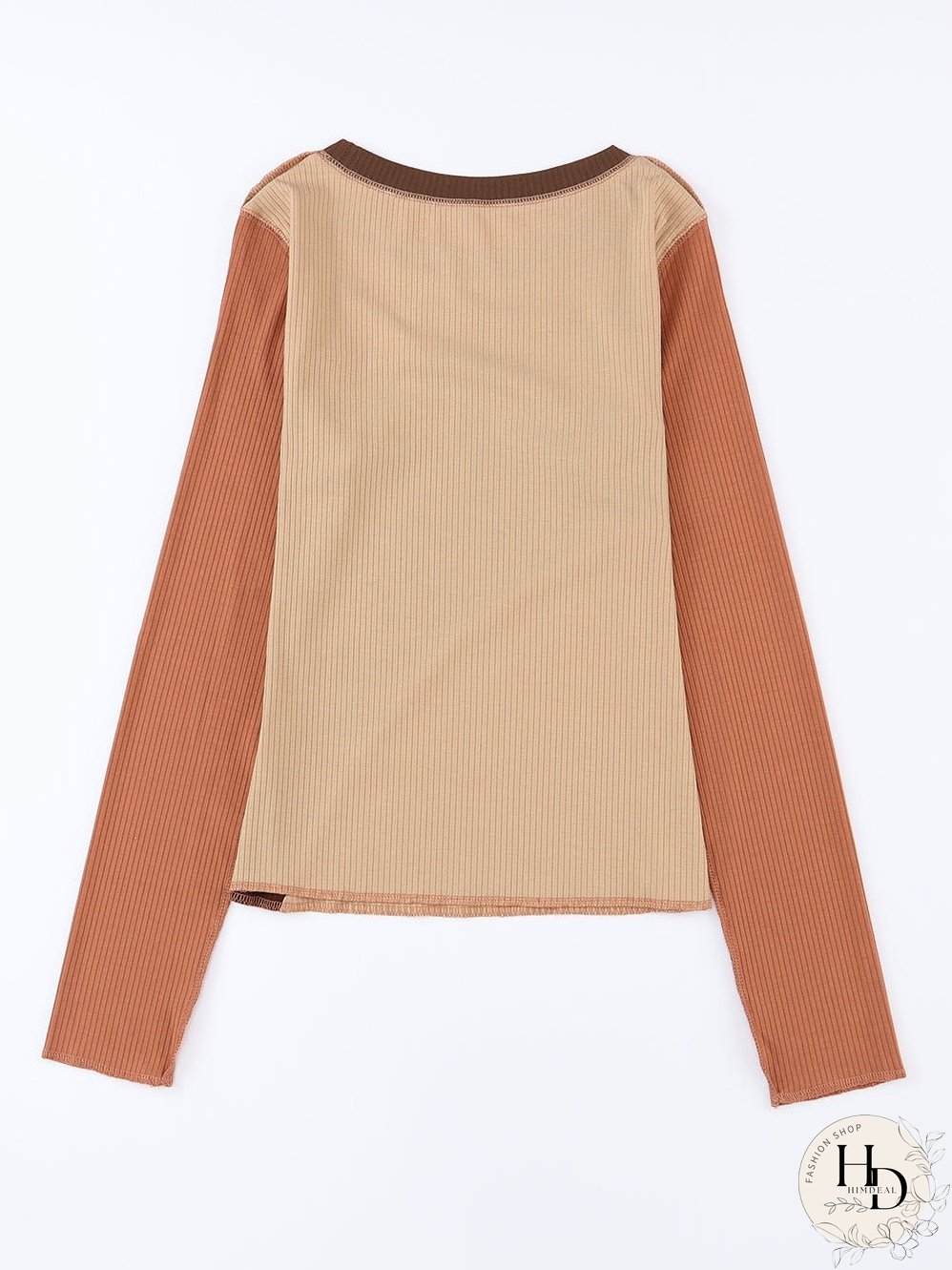Knit Top with Exposed Seam Detail in Brown Color Block