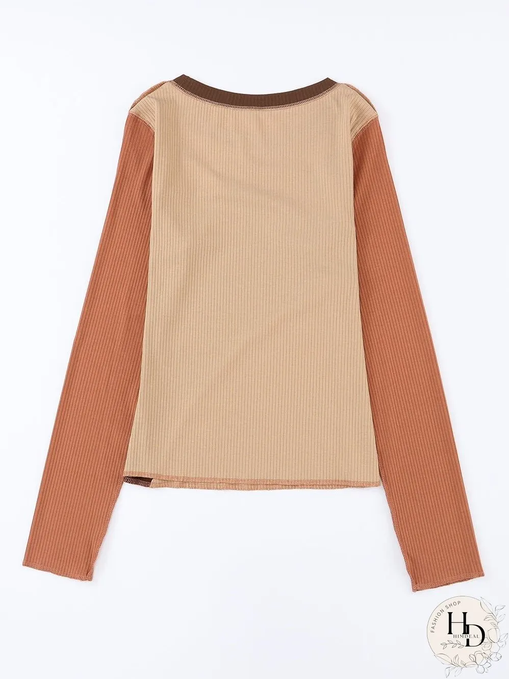 Knit Top with Exposed Seam Detail in Brown Color Block