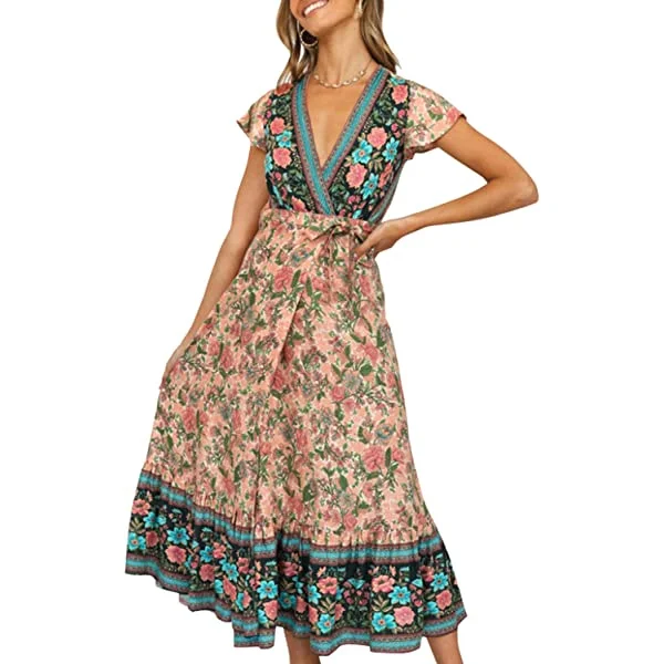 Women's 2023 Bohemian Floral Printed Wrap V Neck Short Sleeve Split Beach Party Maxi beach dresses Small Green