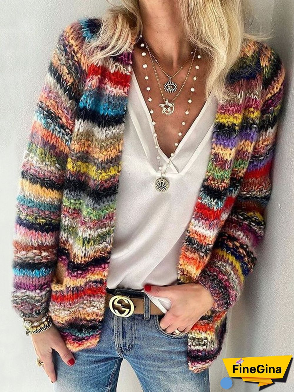 Casual Colorblock Striped Pockets Cardigan P10487