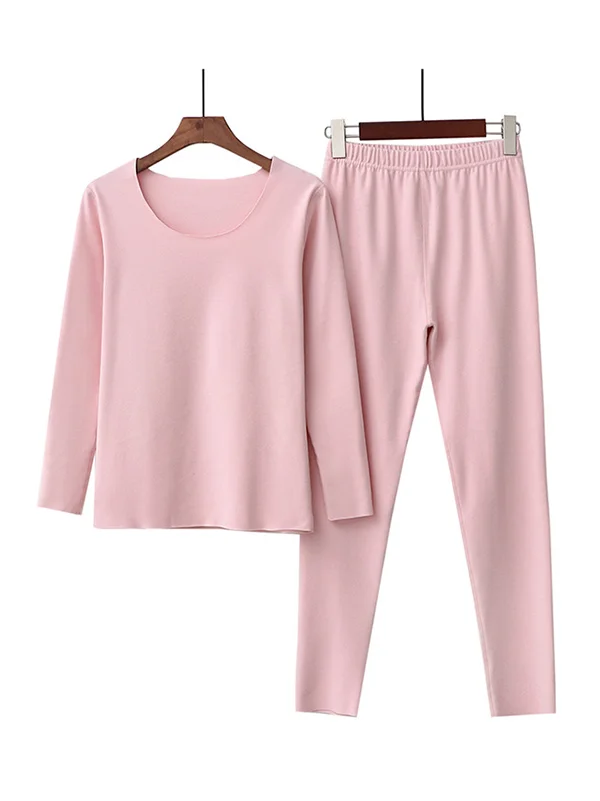 2PCS Plus Size Solid Color Round-Neck Top&Bottom Pajama Set
