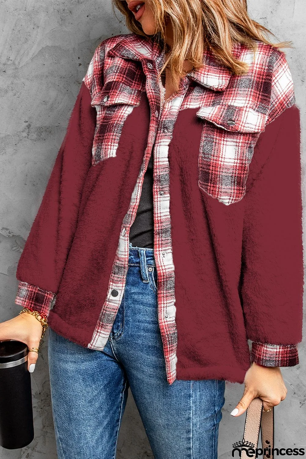 Plaid Patchwork Buttoned Pocket Sherpa Jacket