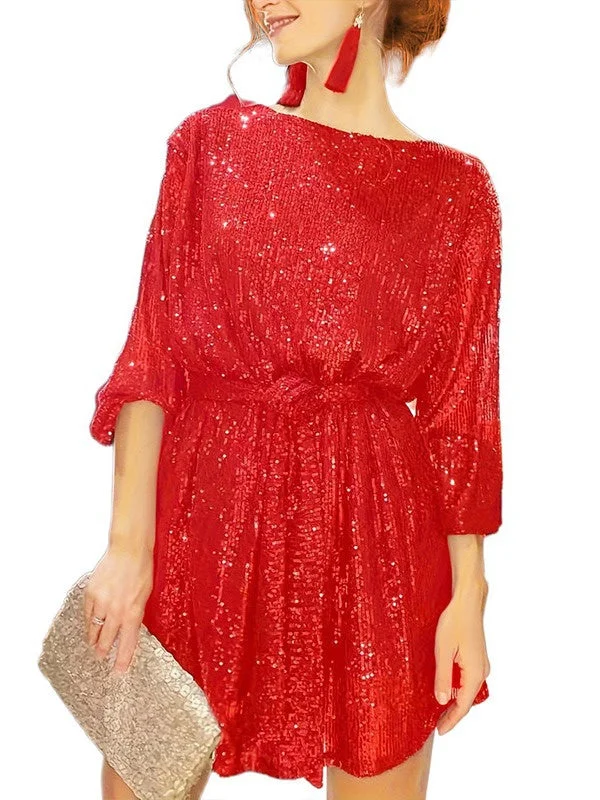 Women's 3/4 Sleeve Scoop Neck Sequins Mini Dress