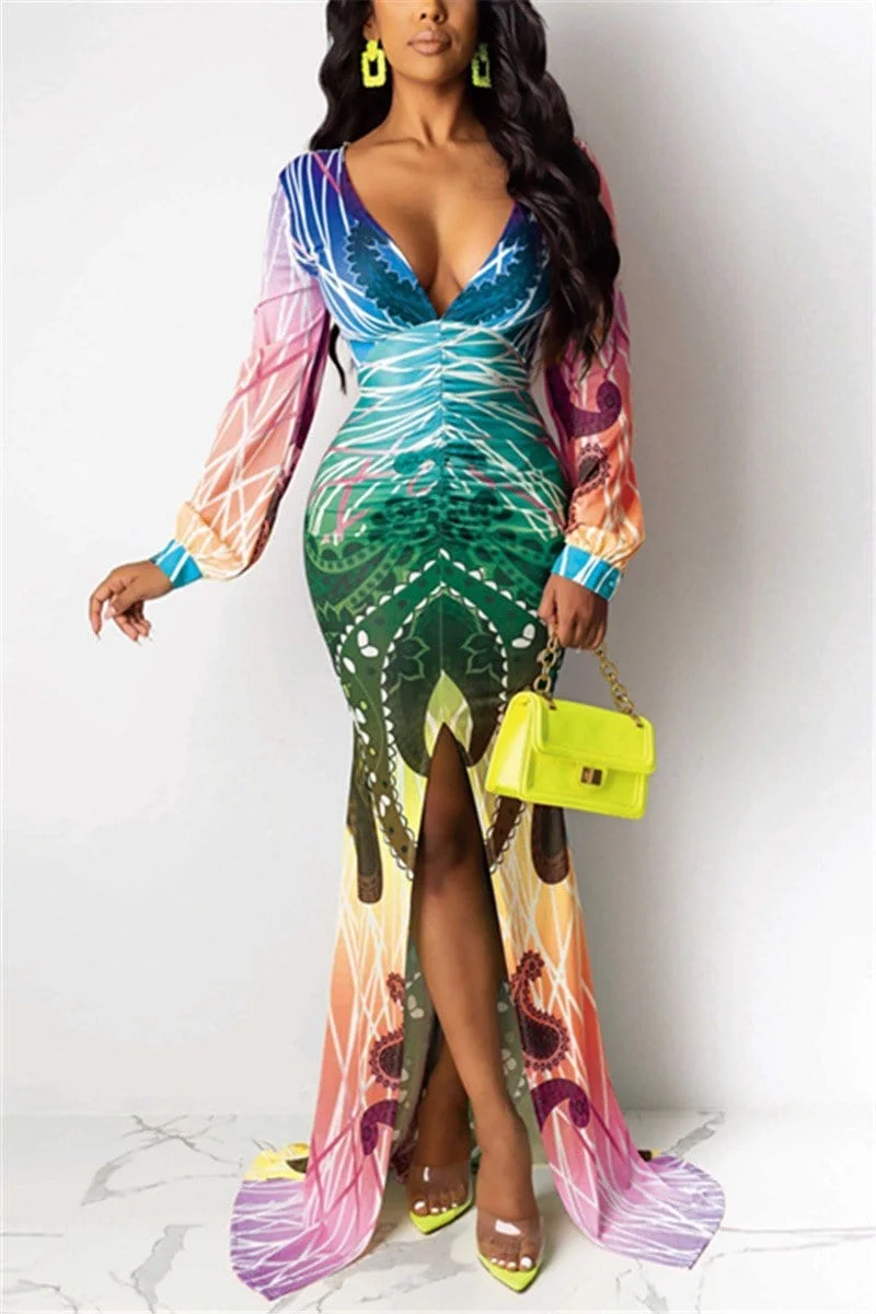 Sexy Digital Print V-Neck Dress