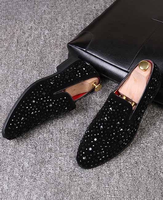 Party Suede Pointed Toe Rhinestone Decor Slip-on Loafers