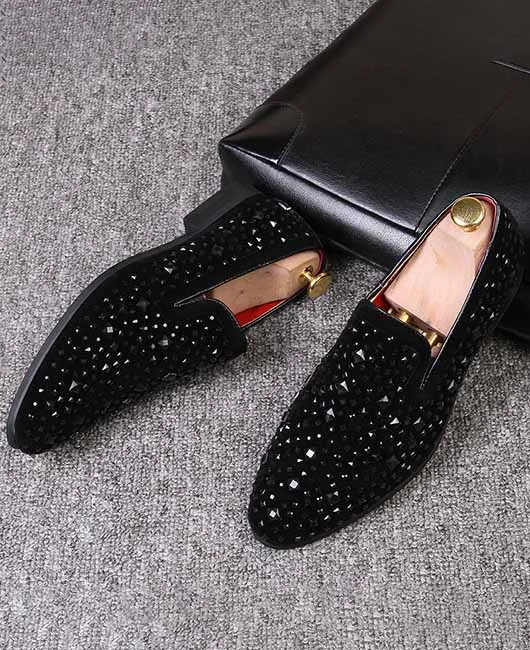 Party Suede Pointed Toe Rhinestone Decor Slip-on Loafers 