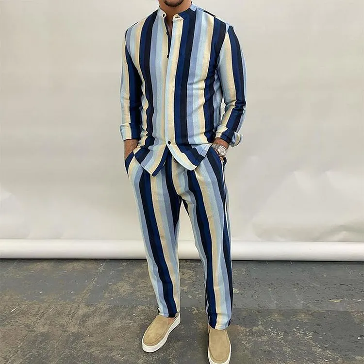 Men's Retro Casual Striped Long Sleeve Shirt Two-Piece Set 