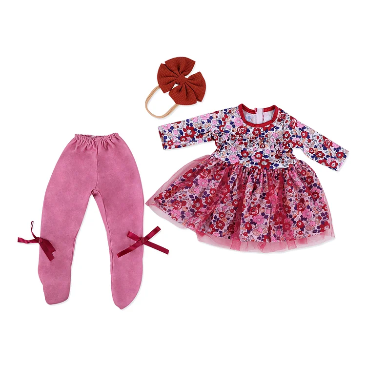 17''-20'' Inches Girl Red Floral Dress for Handmade Newborn Baby Dolls 3pcs Set Clothes Accessories Rebornartdoll® RSAW-Rebornartdoll®