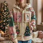 Women's Christmas Tree And Rose Pattern Knitted Zip-up Hooded Sweater - Image 2