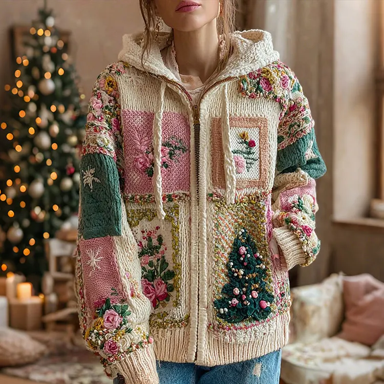 Women's Christmas Tree And Rose Pattern Knitted Zip-up Hooded Sweater