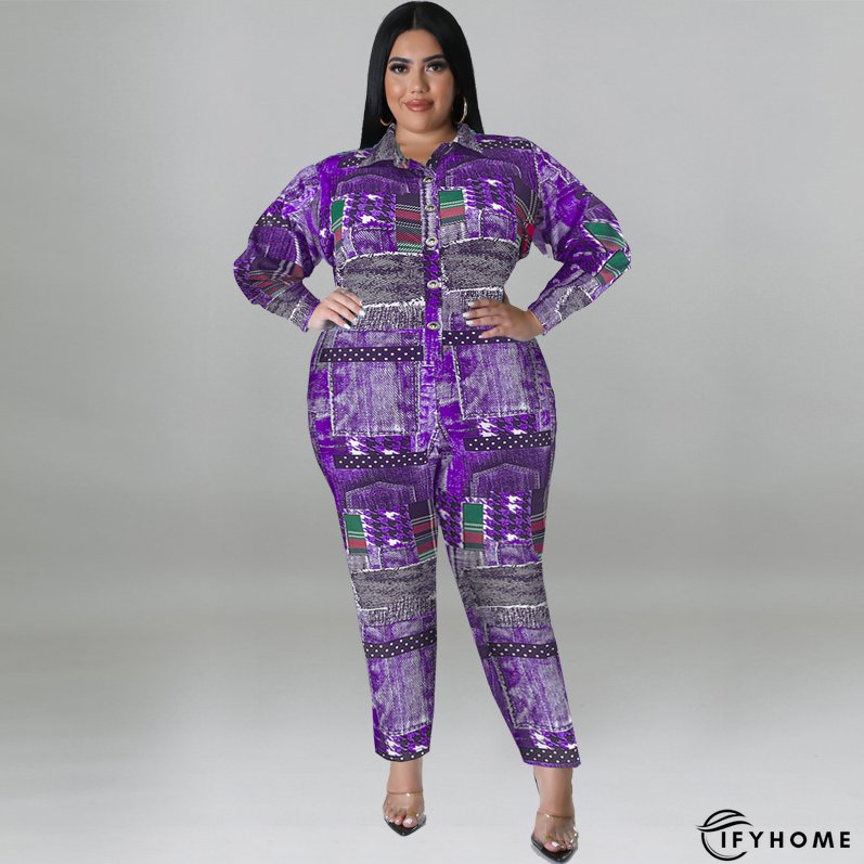 Plus Size Women's Fall Print Long Sleeve Jumpsuit | IFYHOME