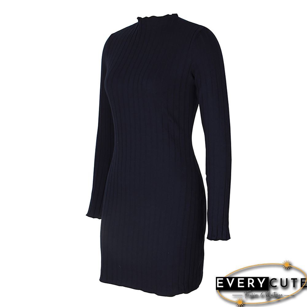 Navy Blue Long Sleeve Slim Fit Knit Mini Dress