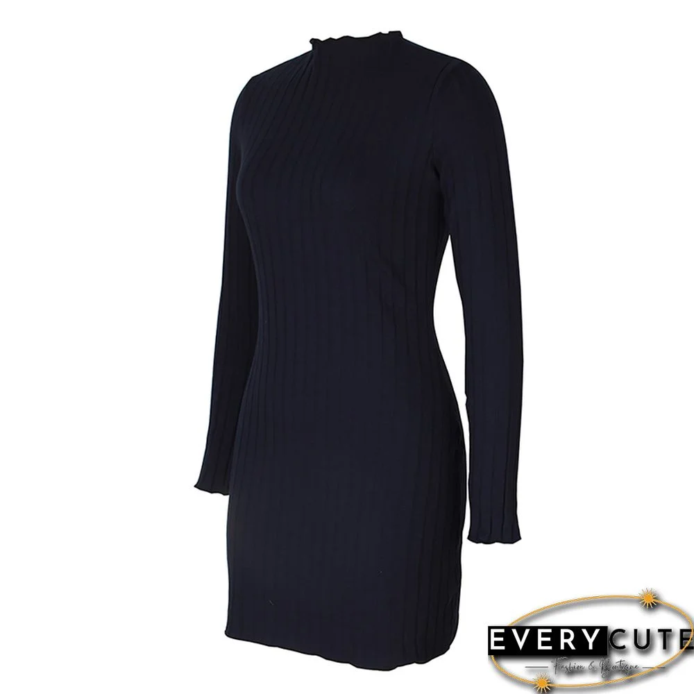 Navy Blue Long Sleeve Slim Fit Knit Mini Dress