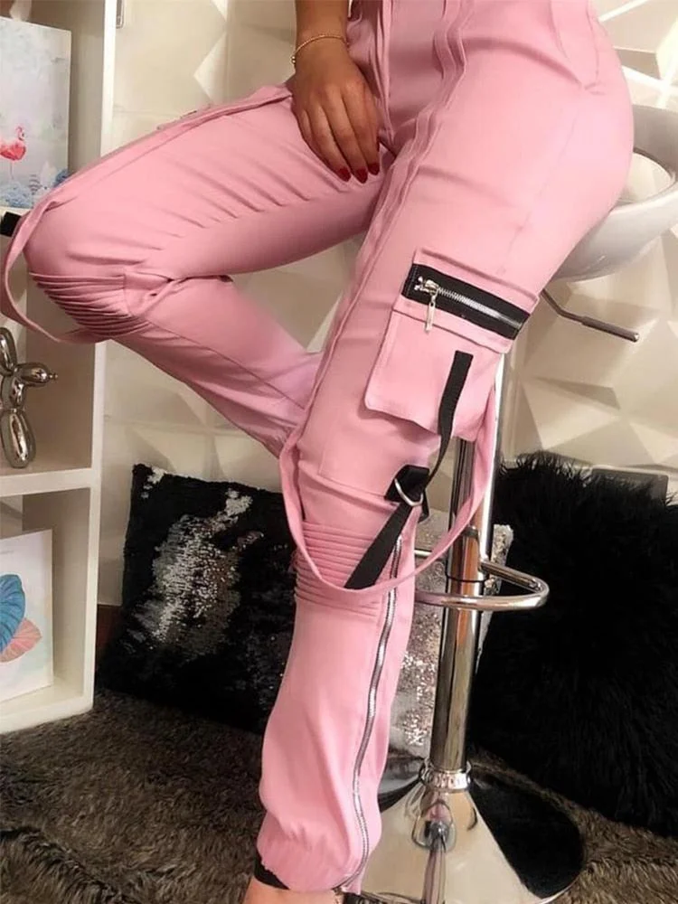 Spring Side Design Patchwork Zip Pocket Long Pants Women Elastic Waist Pleated Trousers Fashion Casual Jogging Cargo Pants