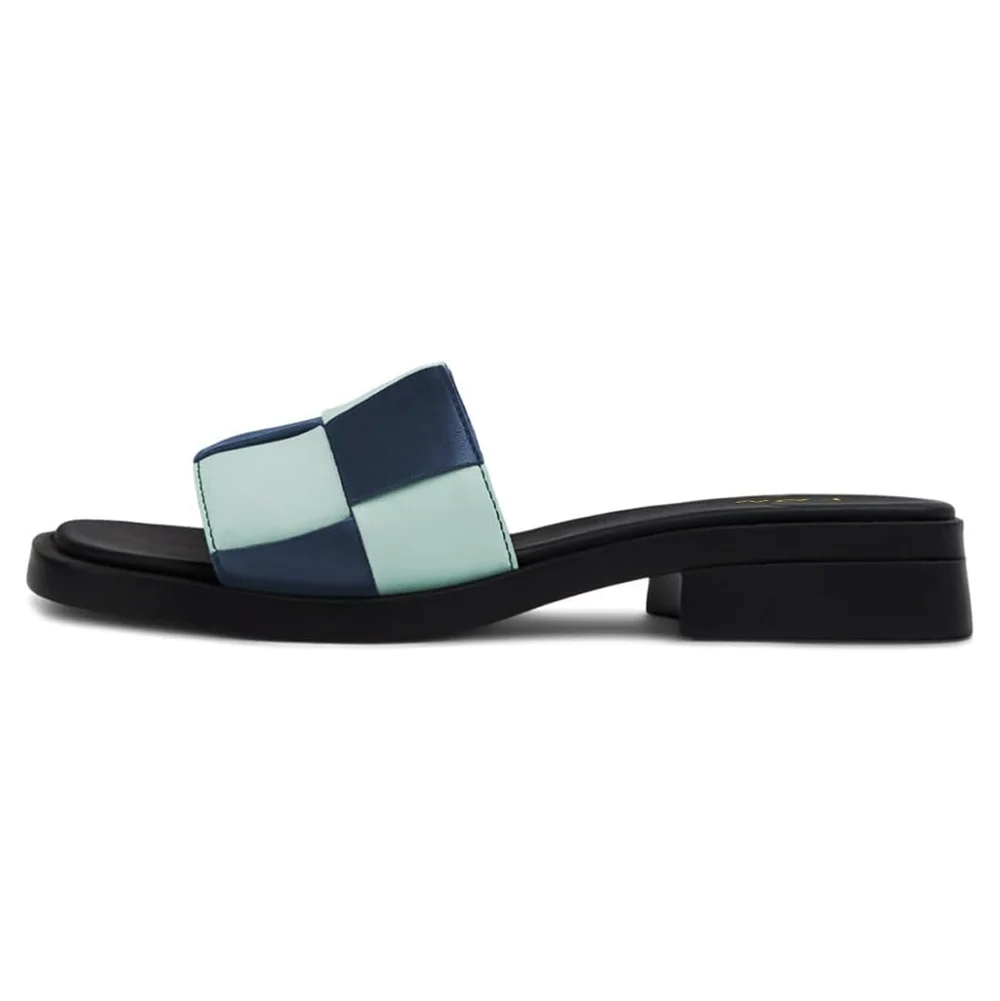 Navy & Light Green Color Blocks Open Square Toe Mules for Women