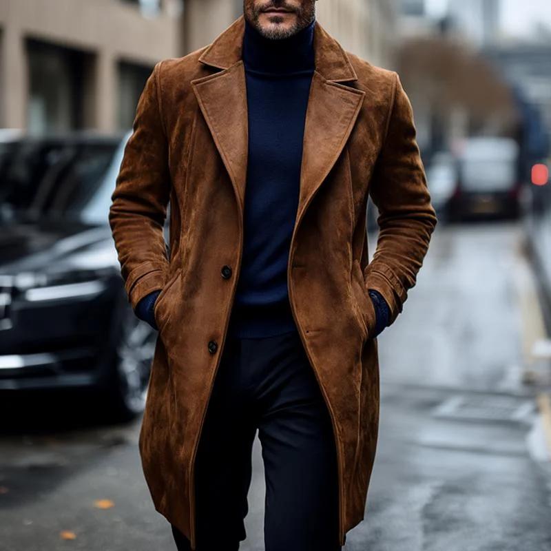 Men's Fashion Suede Notch Lapel Two Buttons Long Coat
