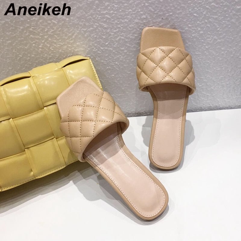Aneikeh 2021 NEW Brand Square Toe Flat Slippers Weave PU Leather Women Sandal Casual non-slip Shoes Open Toe Summer Outdoor Mule