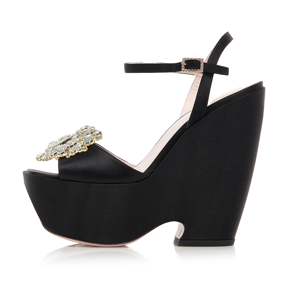 Black Satin Round Toe Wedge Heel Ankle Strap Platform Sandals Nicepairs
