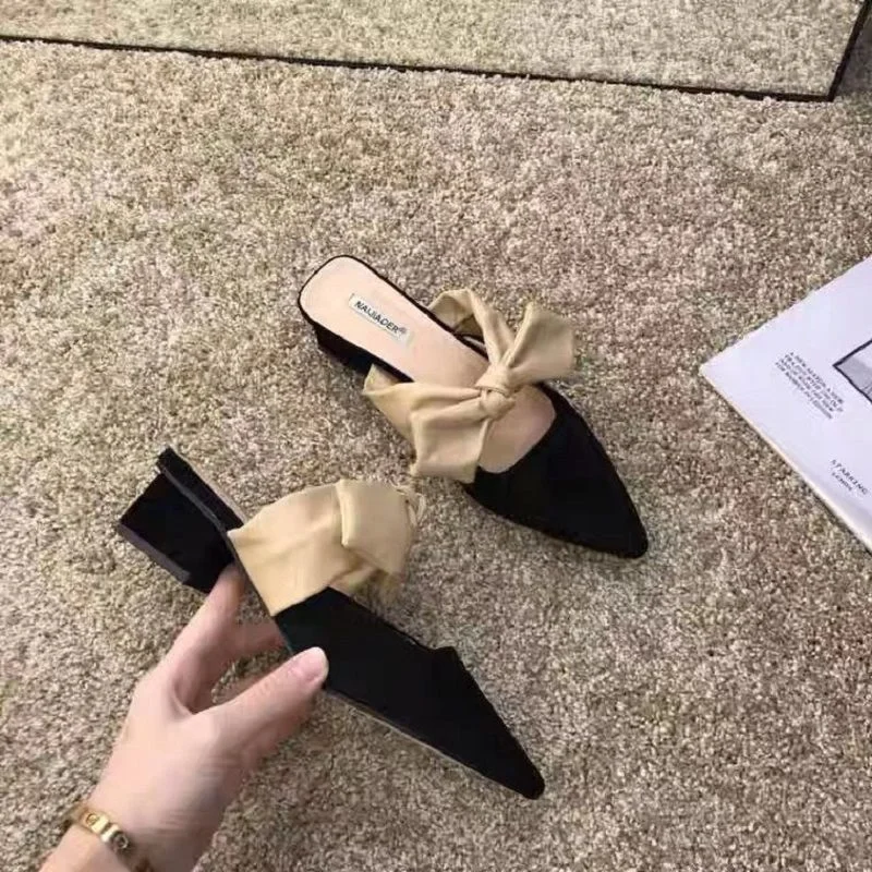  2022 Summer Shoe Designer Sandal for Women Butterfly-Knot Pointed SuedeThick High Heels Luxury Pumps