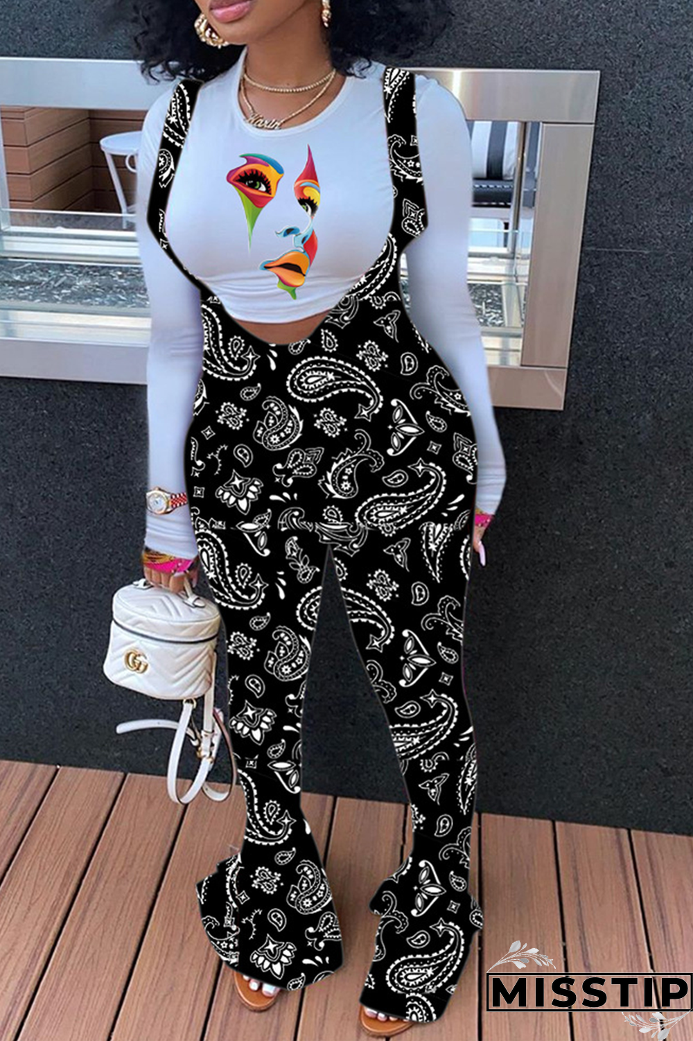 White Casual Print Patchwork O Neck Tops