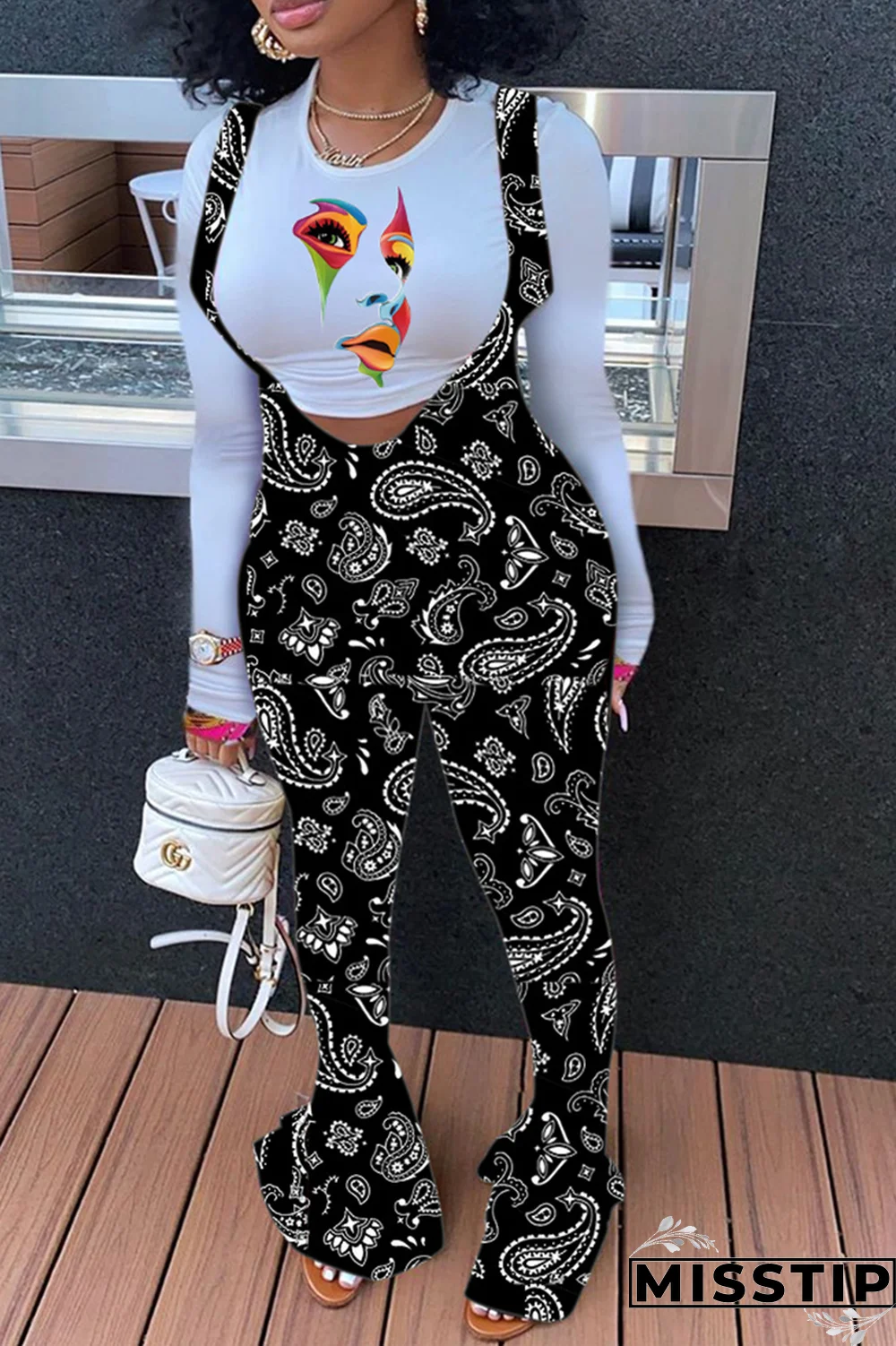 White Casual Print Patchwork O Neck Tops