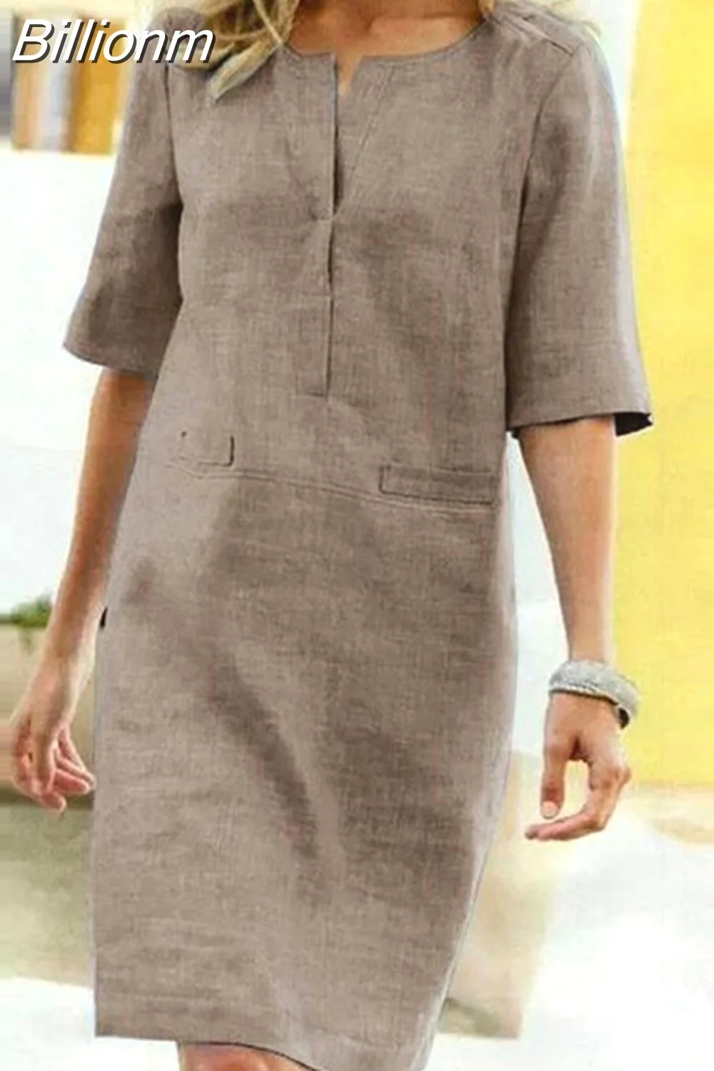 Billionm Color Button O Neck Cotton Linen Summer Dress Women Vintage Short Sleeve Pocket Knee Dress Casual Loose Plus Size Dresses