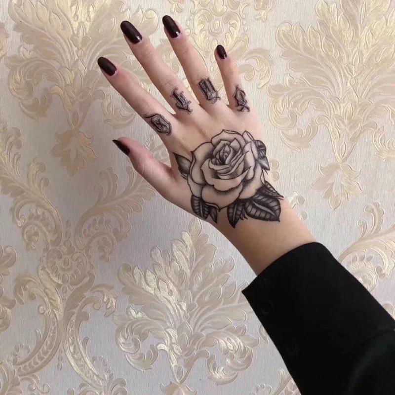 New Dark Flower Temporary Tattoo on Hand Sticker for Men Women Waterproof Durable Tattoo Cool Art Hand Back Finger Fake Tattoo