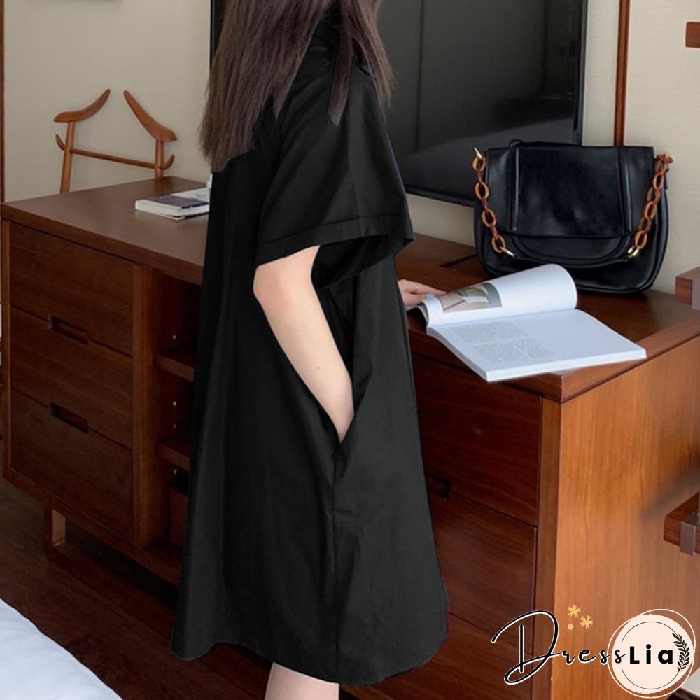 Women Loose Plain Holiday Cami Sundress Lapel Cotton Retro Party Mini Shirt Dress Plus
