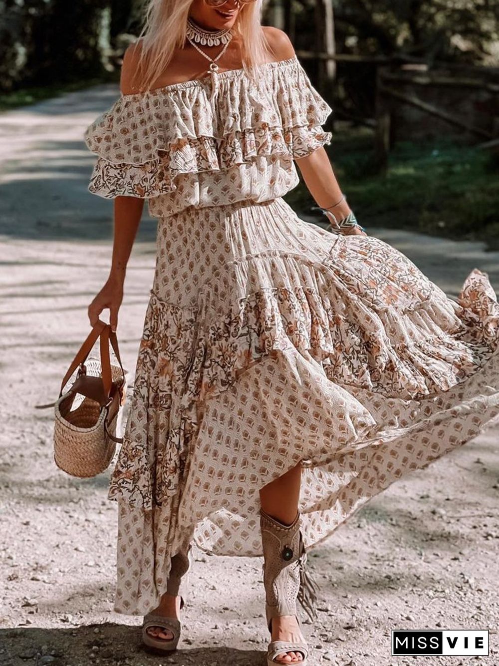 Off-the-shoulder Ruffle Smocked Print Maxi Dress P13702