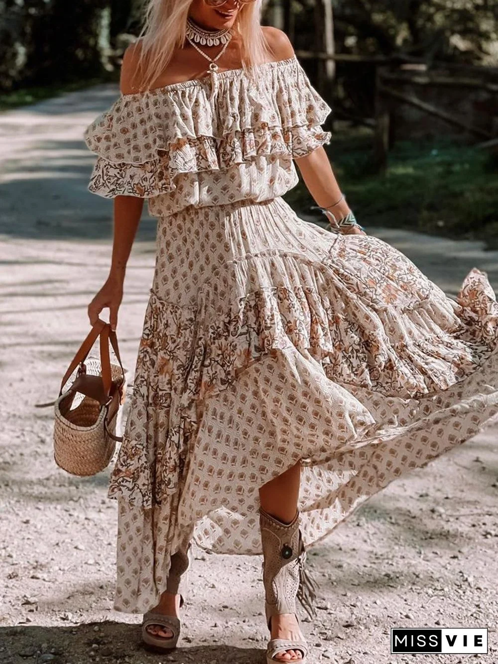 Off-the-shoulder Ruffle Smocked Print Maxi Dress P13702