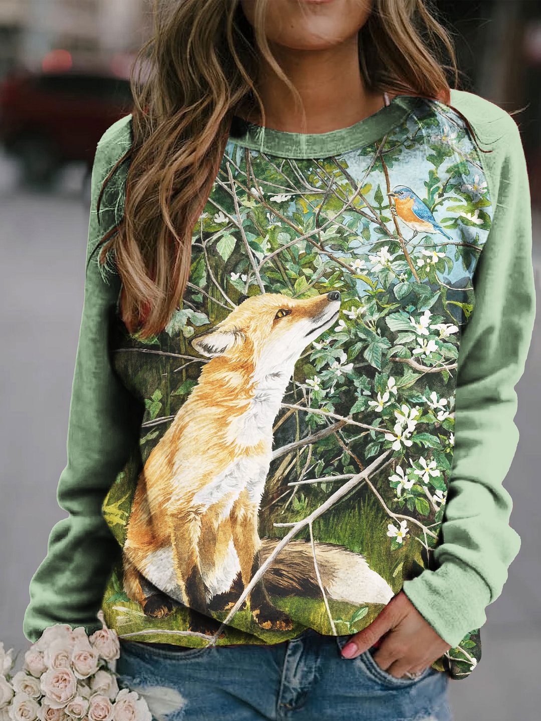 Women's Casual Watercolor Fox Print Round Neck Sweater