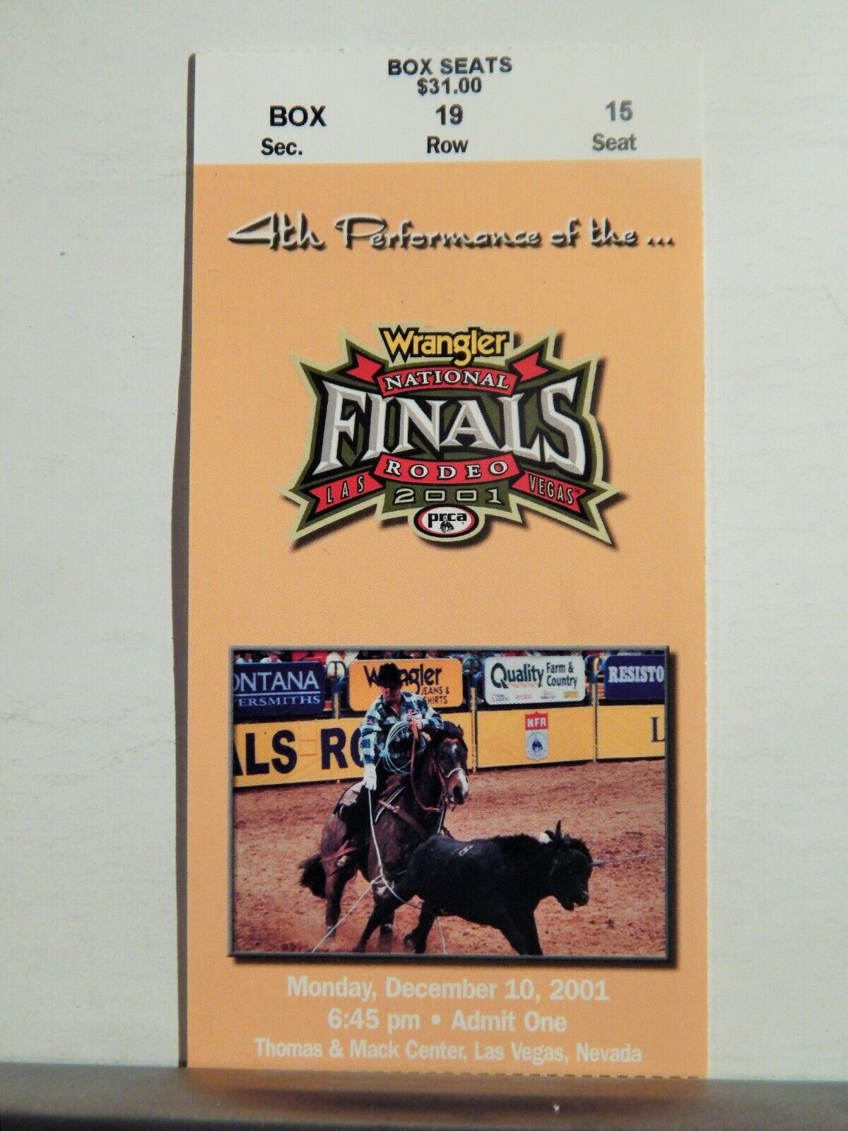 2001 NATIONAL FINALS RODEO LG ORIGINAL USED TICKET BULL ROPING COLOR Photo Poster painting