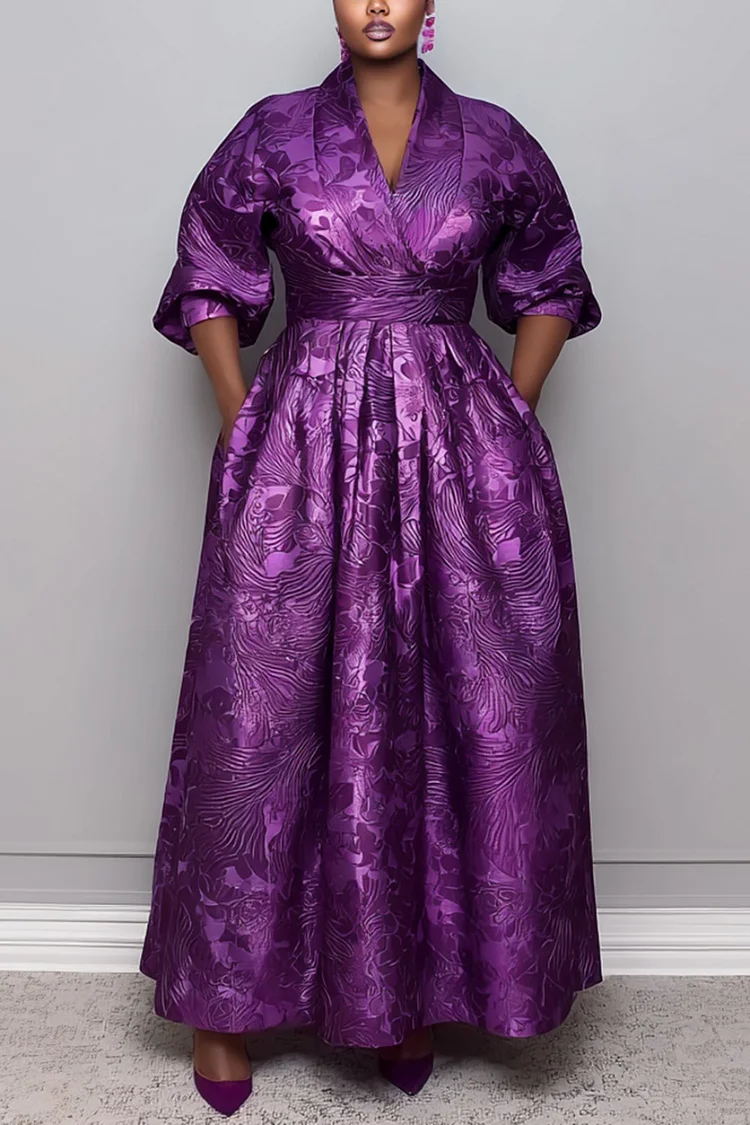 Xpluswear Design Plus Size Formal Purple All Over Print V Neck Half Sleeve Pocket Elegant Maxi Dresses [Pre-Order]
