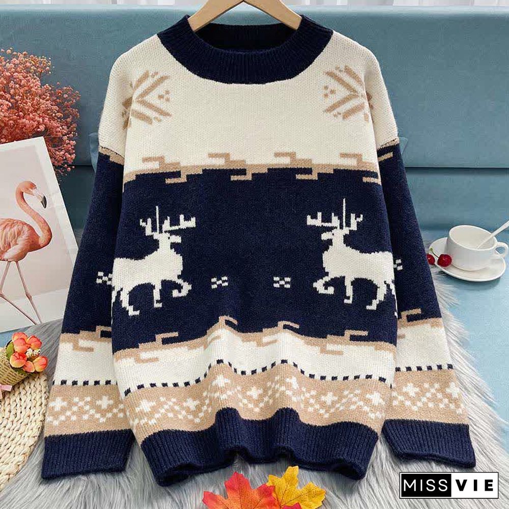 Christmas Reindeer Pattern Colorblock Round Collar Sweater