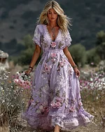 Women's Vintage Pink Floral Art Linen Blend Casual Short Sleeve Maxi Dress - Image 6