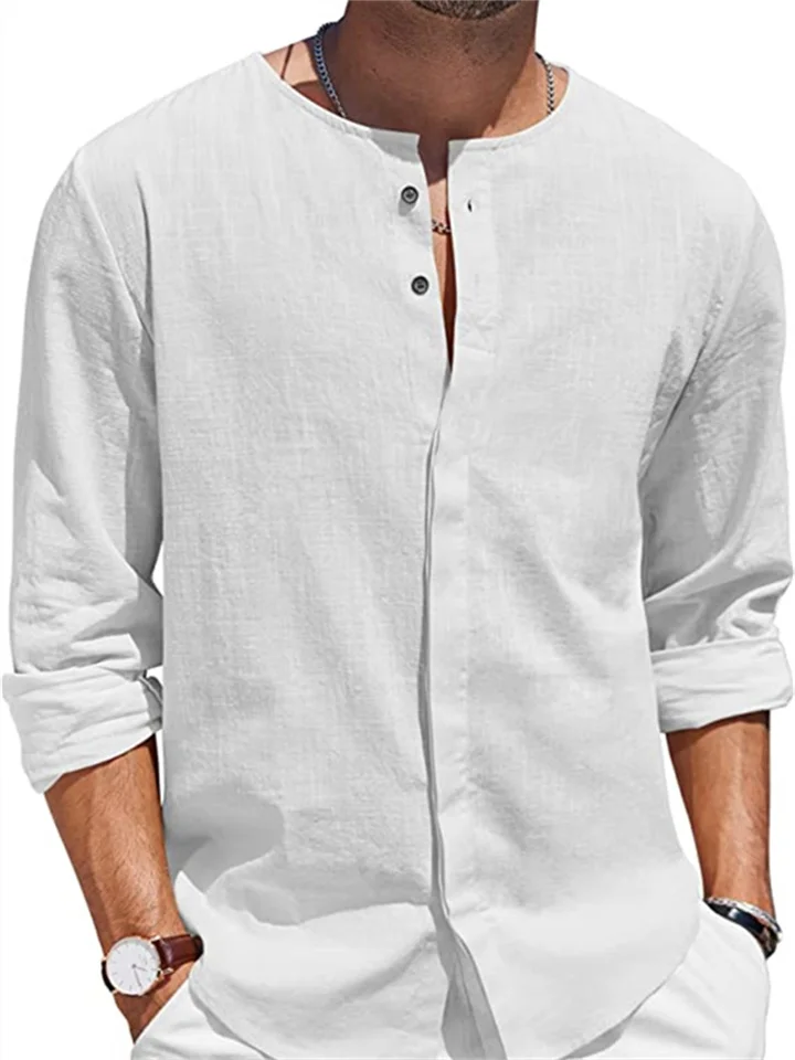 Men's Cotton Linen Shirt Long Sleeve Button Down Collar Casual Beach Shirt White Gray Black Blue Green-Cosfine