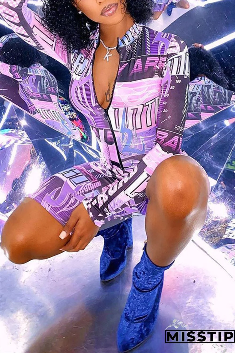 purple Street Print O Neck Long Sleeve Short Two Pieces