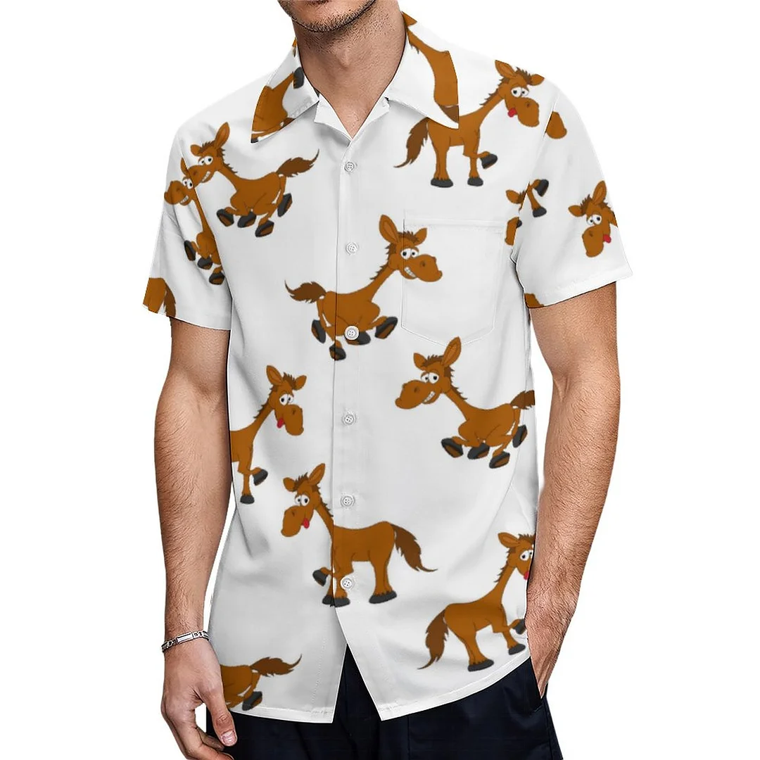 Short Sleeve And Funny Cartoon Horse Hawaiian Shirt Mens Button Down Plus Size Tropical Hawaii Beach Shirts