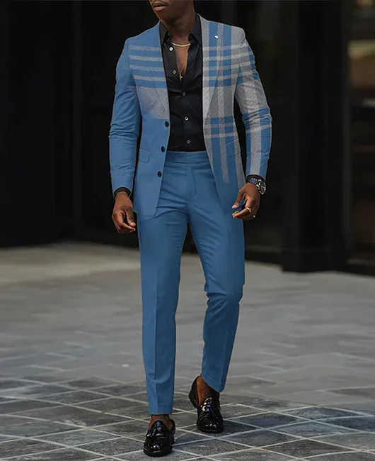 Fashion Colorblock Plaid Lapel Collar Button Blazer & Pants 2Pcs Set Okaywear