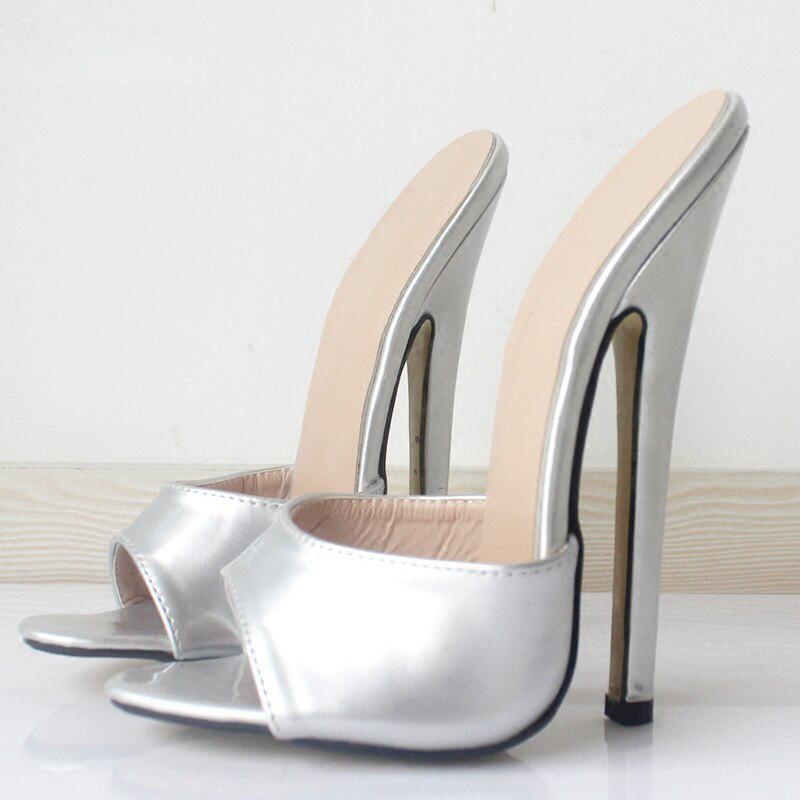 TAAFO High Heel Slippers 18CM Stiletto Metal Heels Peep Toe Fetish Women Sandals Large Size 36-46