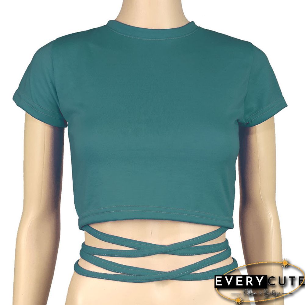 New O Neck Solid Tshirt Women Summer Cross Bandage Tee Sexy Short Sleeve Camisole Casual Tank Top Fashion Female Crop Tops Shirt