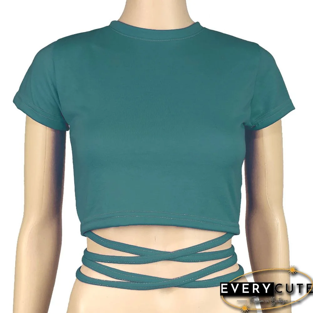 New O Neck Solid Tshirt Women Summer Cross Bandage Tee Sexy Short Sleeve Camisole Casual Tank Top Fashion Female Crop Tops Shirt