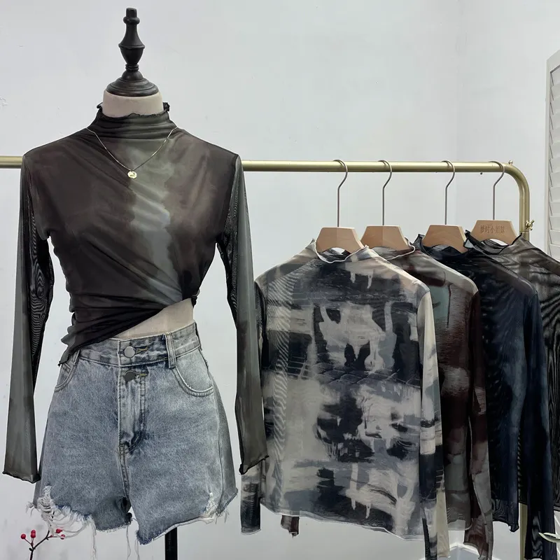 Churchf Real Shooting Wave Side Half-High Collar Net Yarn Dyed Long Sleeve Thin Inside The Bottom Shirt Autumn And Winter Folded T-Shirt 8921