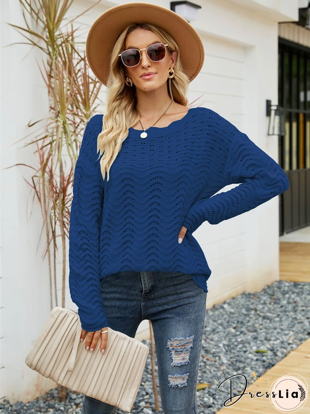 Solid Color Cut-out Pullover Lace Knit Ladies Sweater