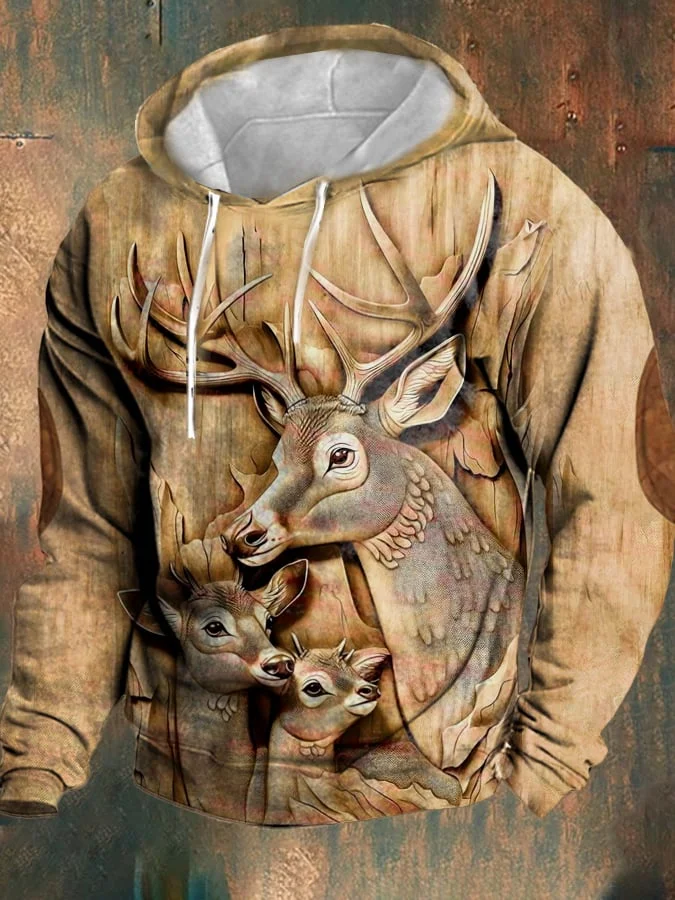 Men's Retro Casual Elk Print Hoodie