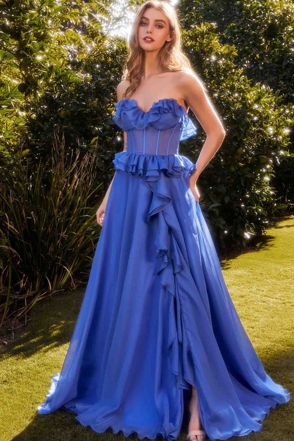 Ovlias Fabulous Royal Blue Strapless Layered Split Flowy Evening Dress LY0662