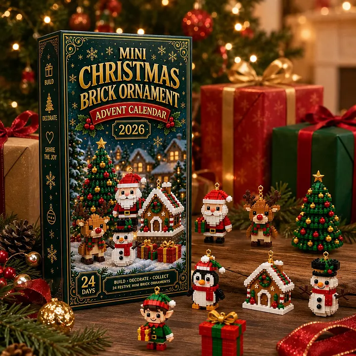 Green and gold advent calendar packaging with festive mini builds